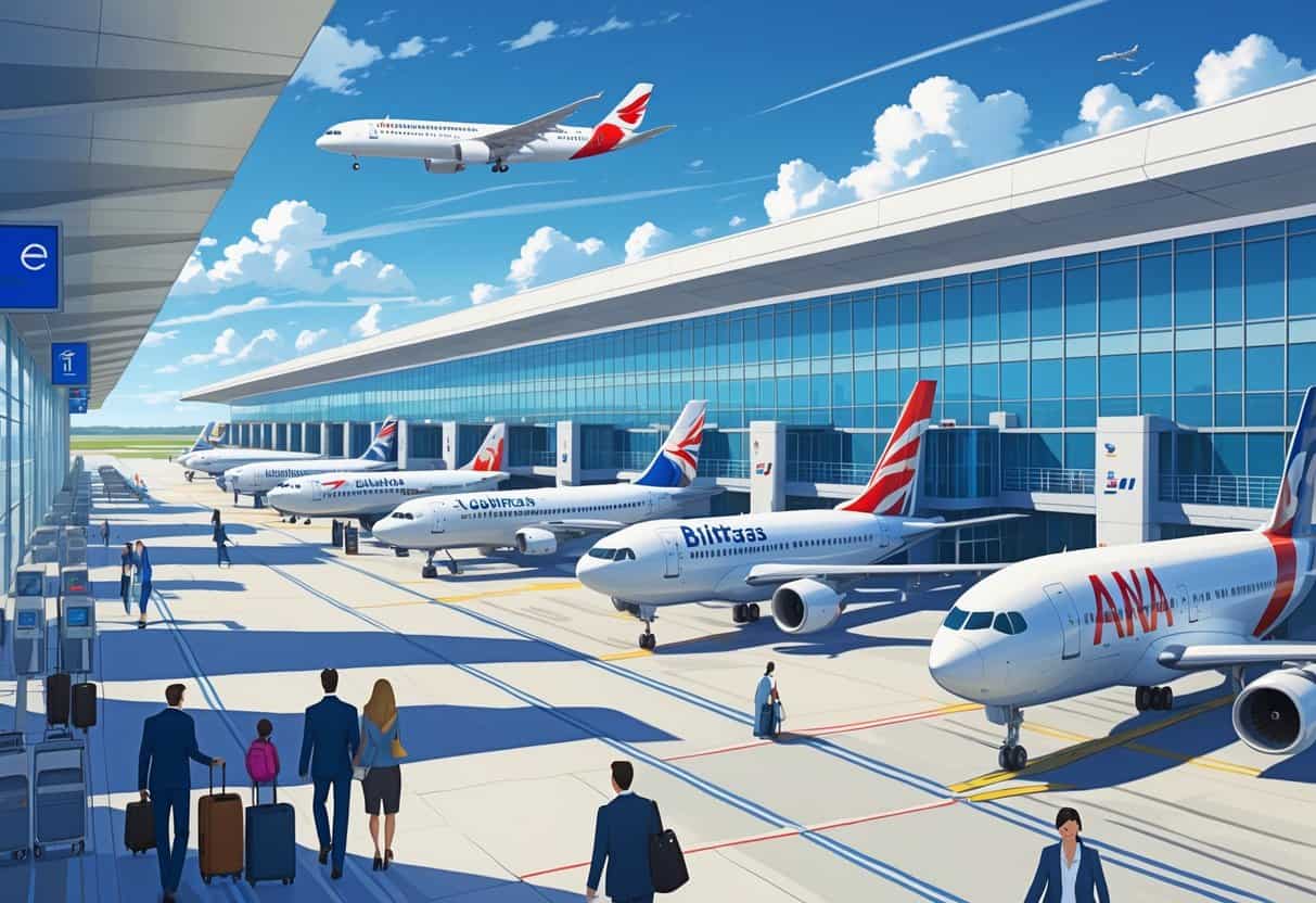 Newport News Virginia Airport terminal with multiple international airplanes parked at gates and passengers walking inside the terminal.