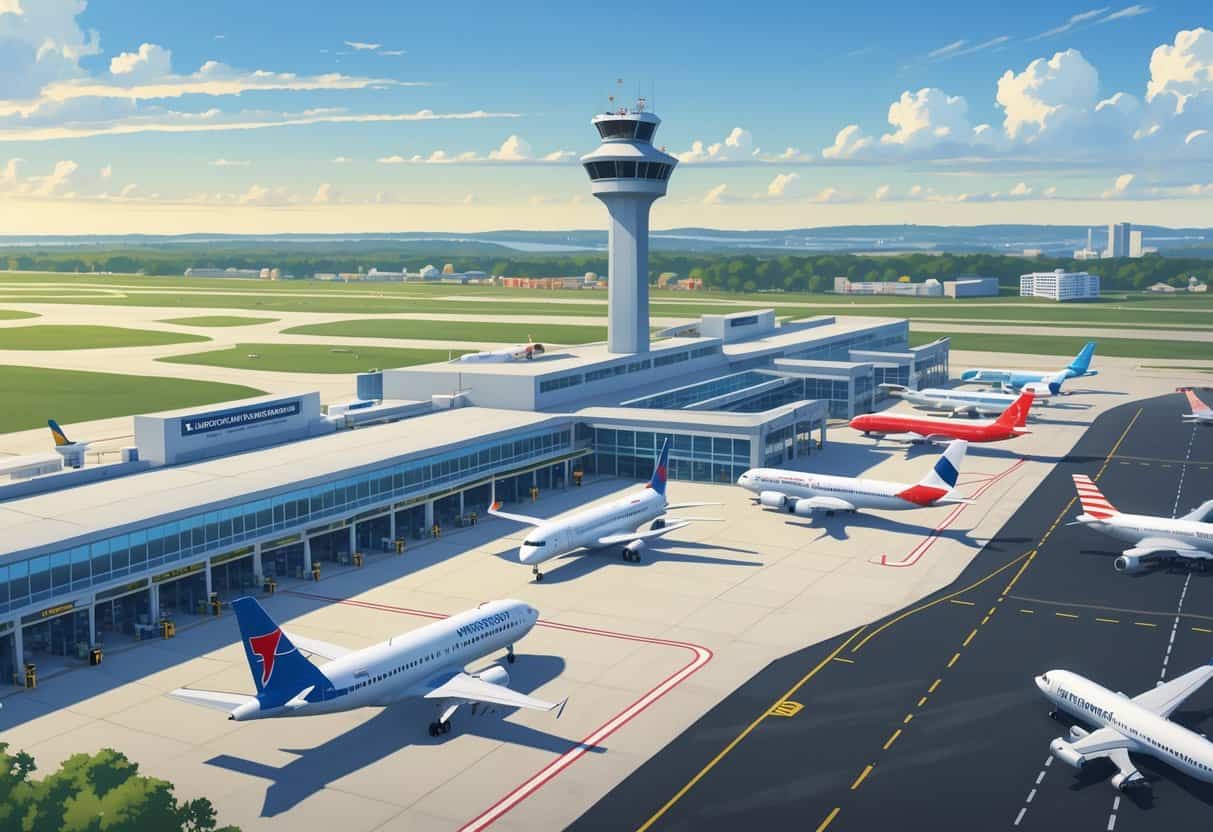 An airport terminal with multiple international airplanes parked at gates and taxiing, showing a busy scene at Newport News-Williamsburg Airport with a control tower and surrounding landscape.