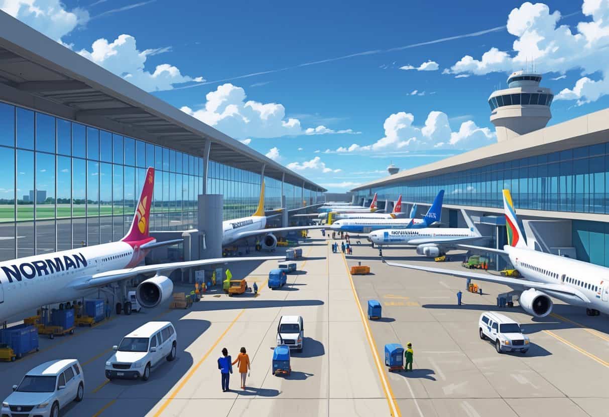 A busy airport terminal with multiple international airplanes parked at gates, passengers walking with luggage, and airport staff working on the tarmac under a clear sky.