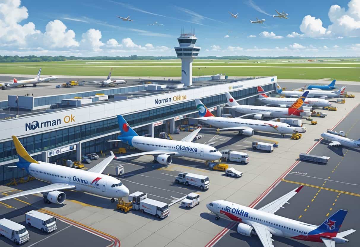 Overview of Norman Oklahoma Airport showing several international airplanes parked at the terminal gates with ground service vehicles and a control tower in the background.