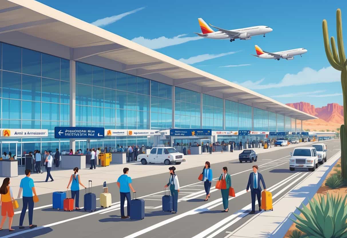 A busy international terminal at Phoenix Arizona Airport with airplanes, travelers, airport staff, and desert landscape in the background.