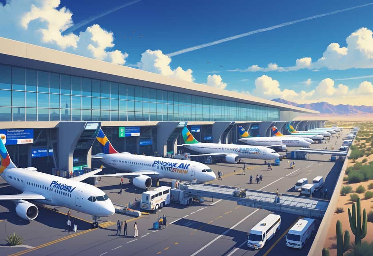 International airplanes from various airlines parked at Phoenix Arizona Airport terminal with passengers and staff, desert landscape in the background.