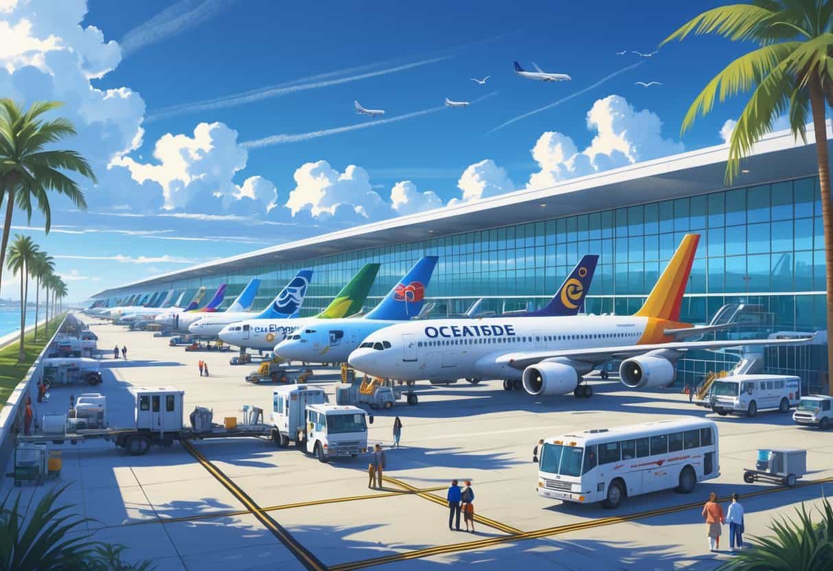 An airport terminal at Oceanside, California with several international airplanes parked and passengers walking on the tarmac.