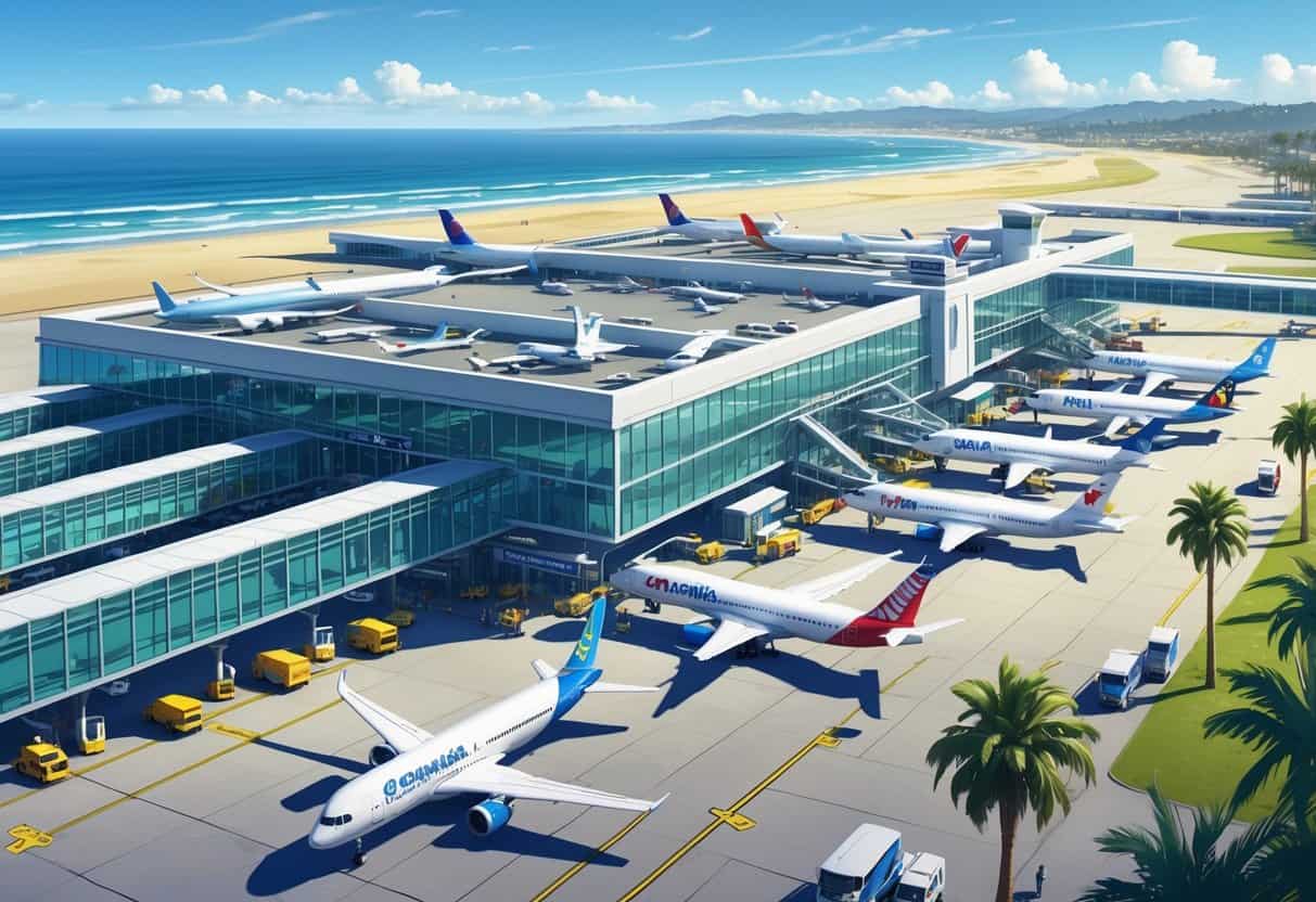 Overview of an international airport near the ocean with airplanes from various airlines parked at gates and airport activity in progress.