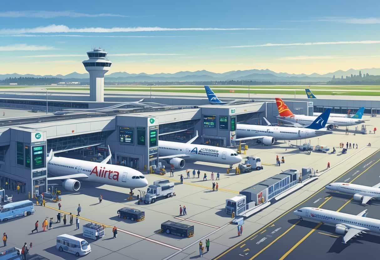 Overview of Oakland International Airport showing multiple international airplanes at gates with passengers and airport staff around the terminal.