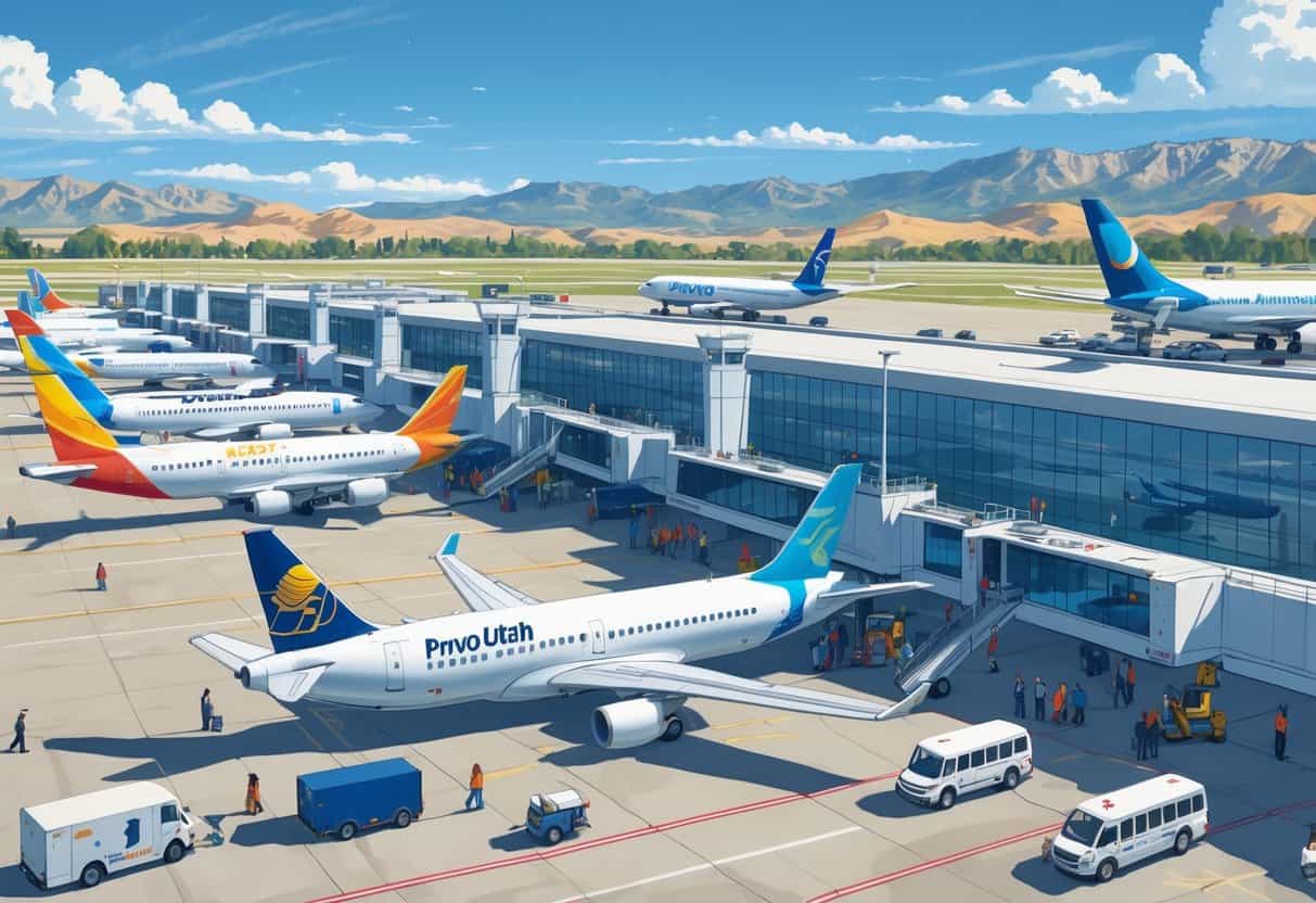 A busy Provo Utah Airport with several international airplanes at gates, passengers walking, and staff assisting, set against a mountainous backdrop.