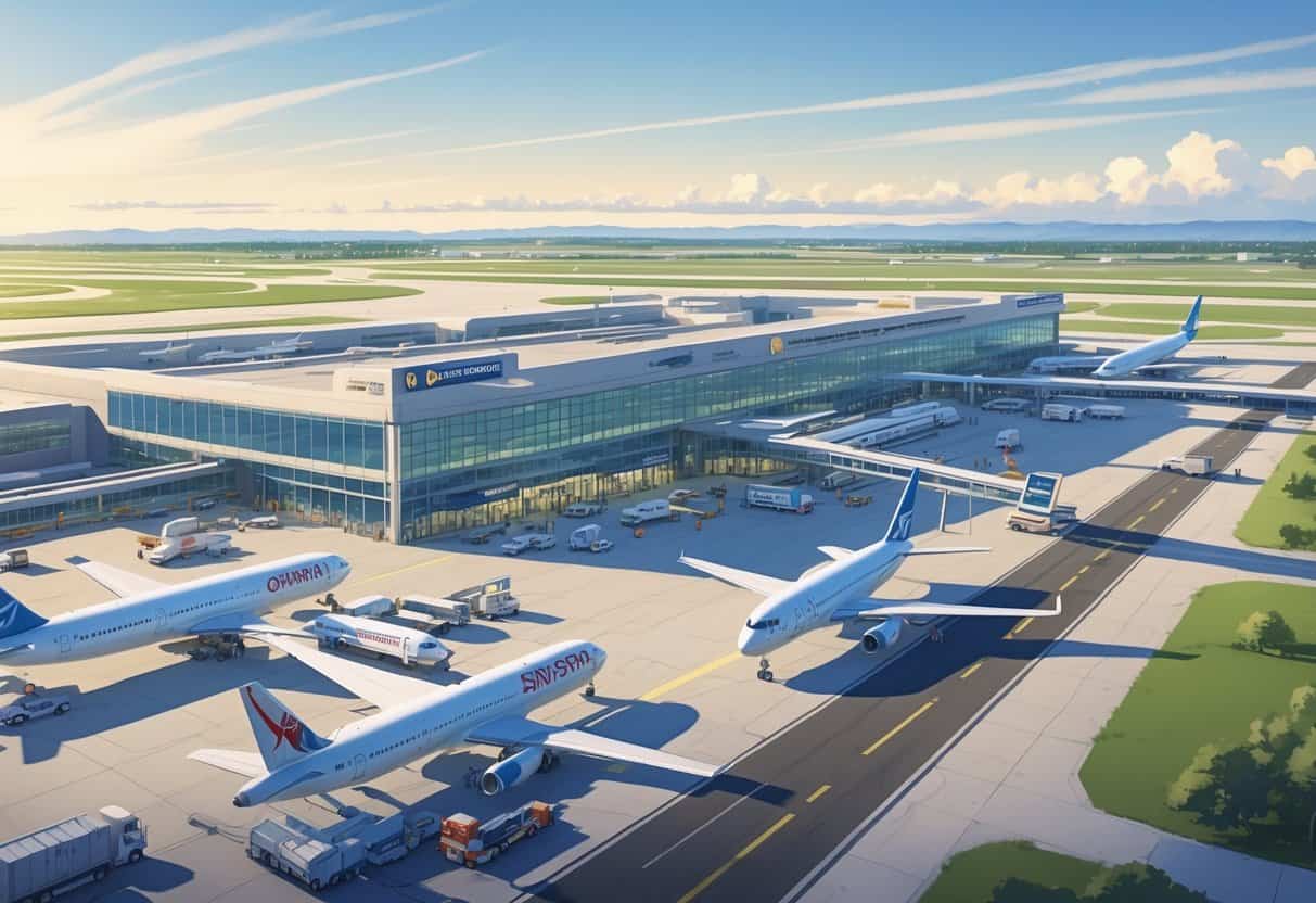 A view of Omaha Nebraska Airport with international airplanes parked at the terminal and airport vehicles on the tarmac under a clear sky.
