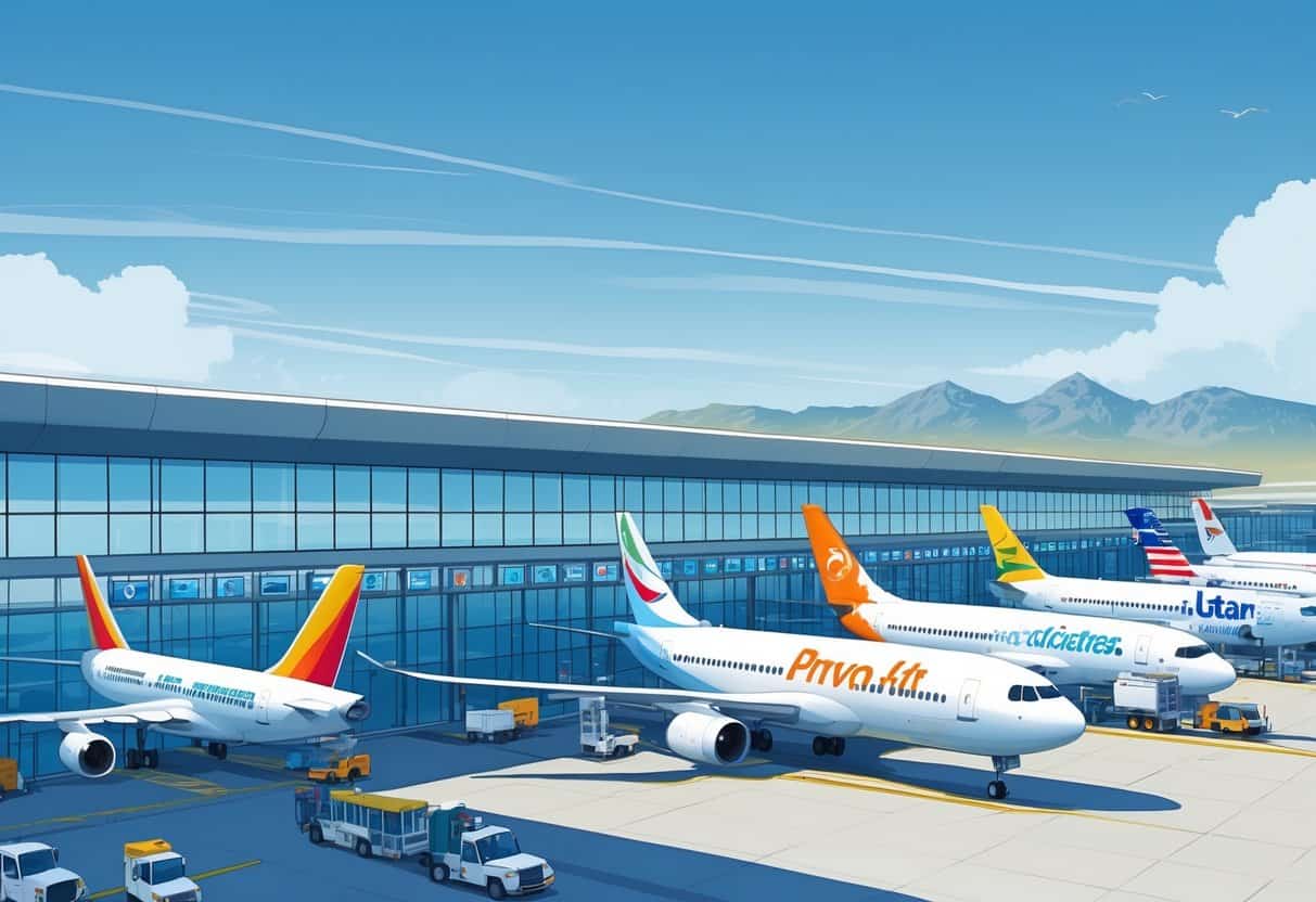 An airport terminal with several international airplanes parked at gates, mountains in the background, and airport staff and vehicles around.