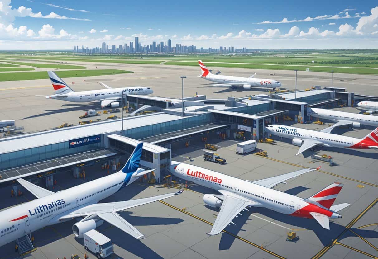 International airplanes from various airlines parked at gates at Eppley Airfield airport in Omaha with airport staff and passengers nearby.