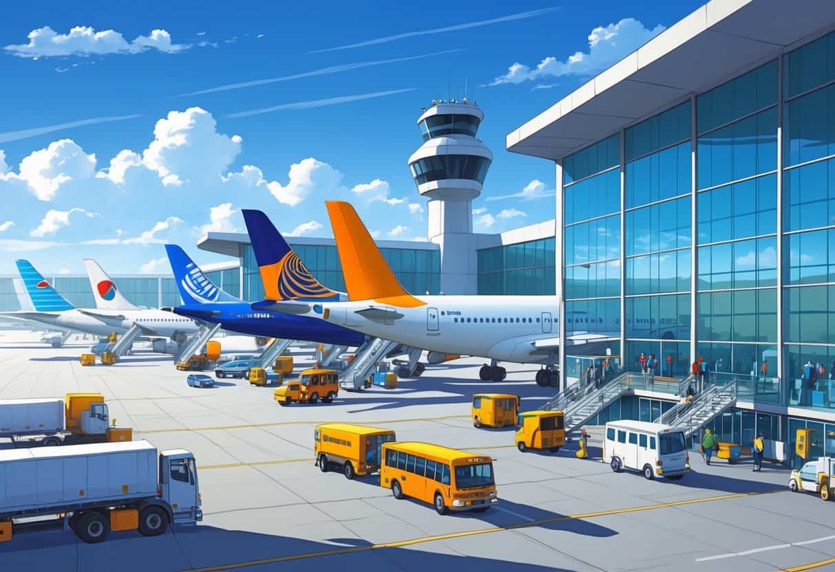 A busy international airport terminal with airplanes from various global airlines parked at gates and ground vehicles operating nearby under a clear sky.
