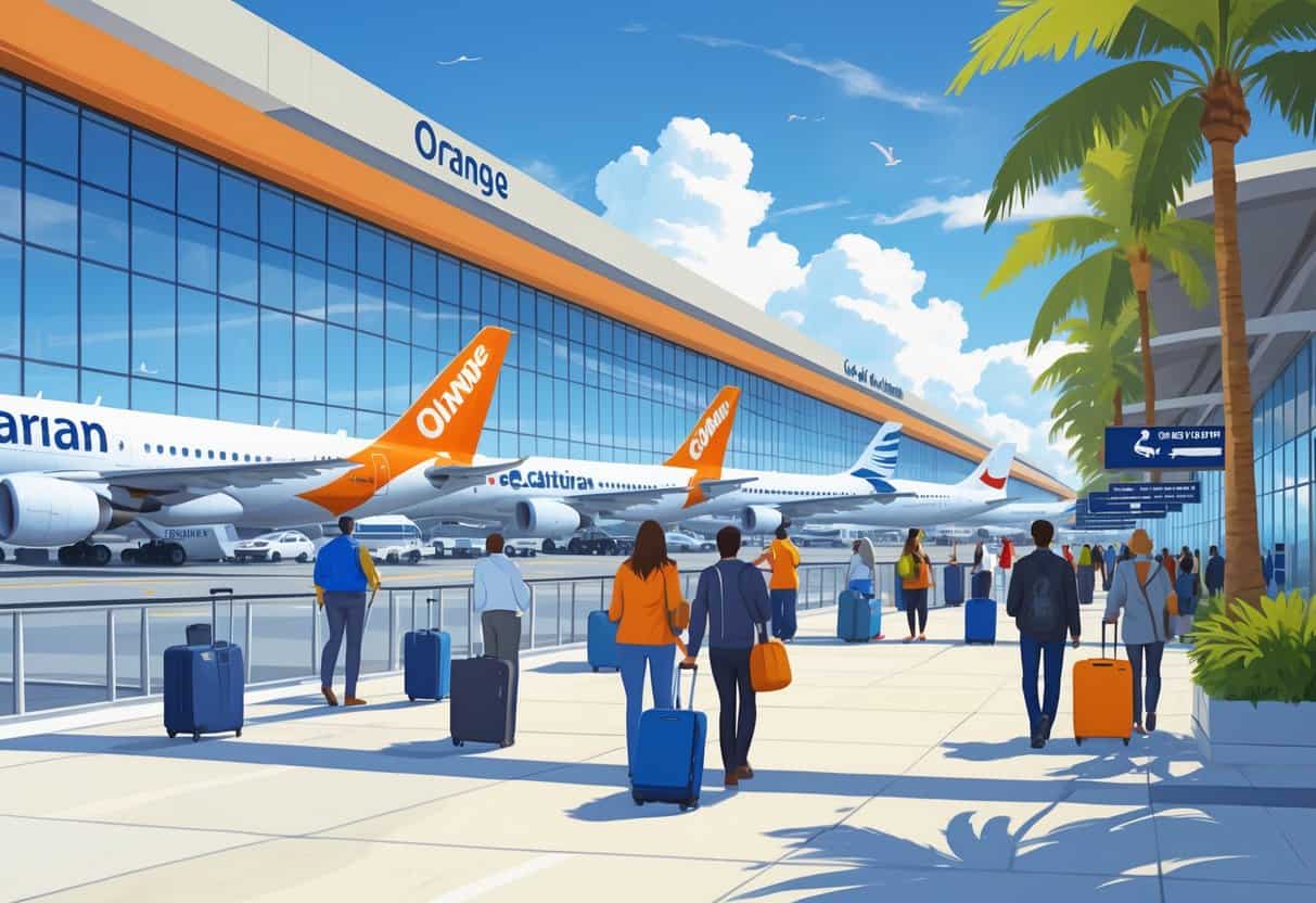 A busy international airport terminal with airplanes from various global airlines parked at gates, travelers moving through the terminal, and palm trees outside under a clear sky.