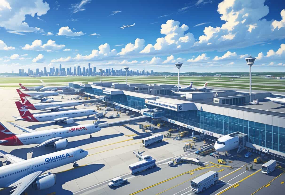 An international airport terminal in Quincy, Massachusetts with airplanes from various airlines parked at gates and travelers moving through the terminal.