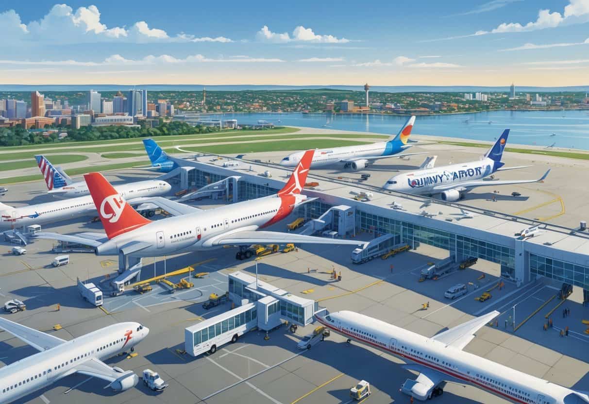 An airport terminal at Quincy Massachusetts with several international airplanes parked at gates and the city skyline in the background.