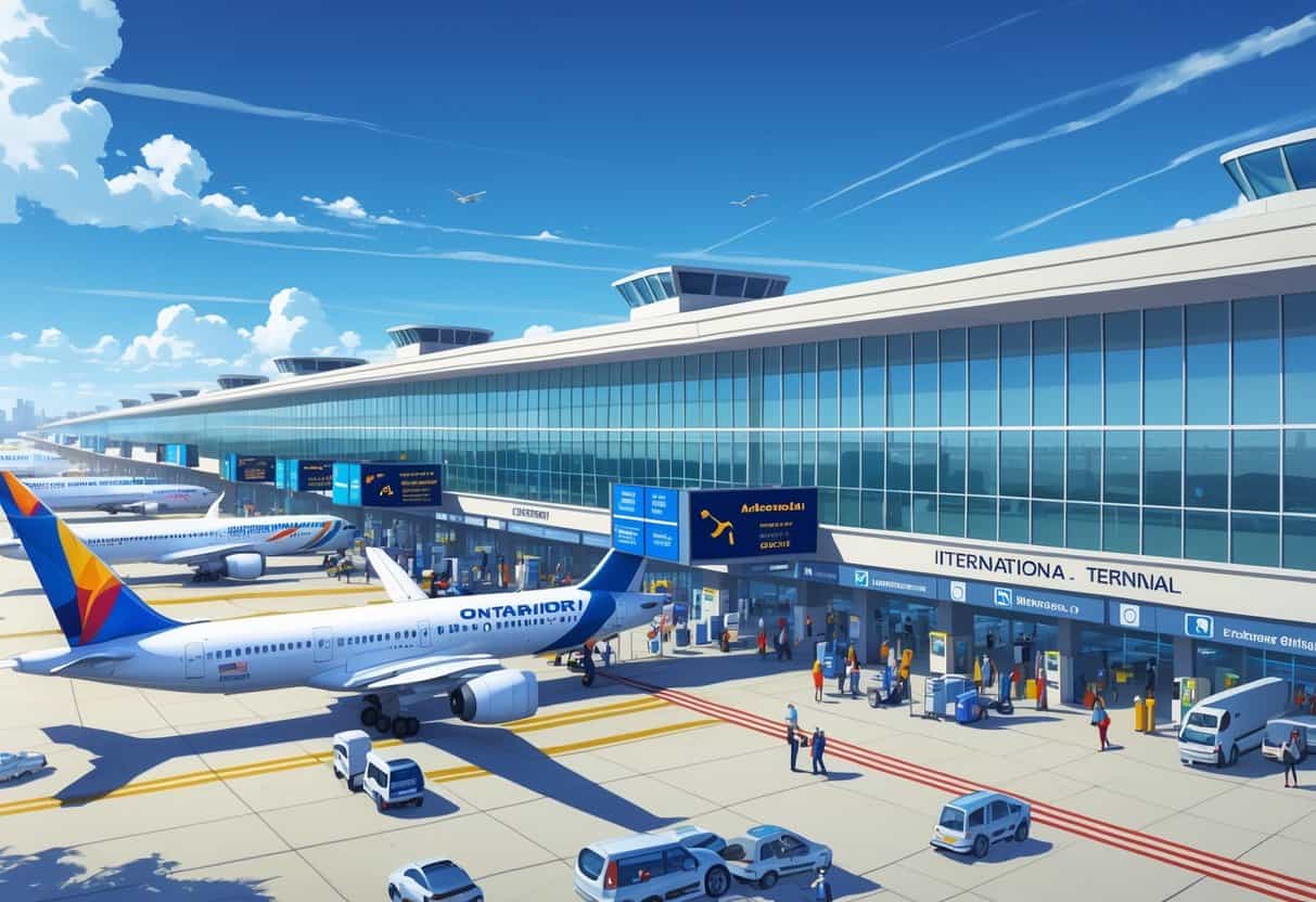 Busy international airport terminal with airplanes from various airlines parked at gates, passengers walking with luggage, and airport staff assisting travelers under clear skies.