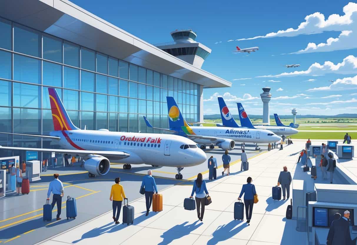 A busy airport terminal with international airplanes parked at gates and passengers moving through the terminal under a clear sky.
