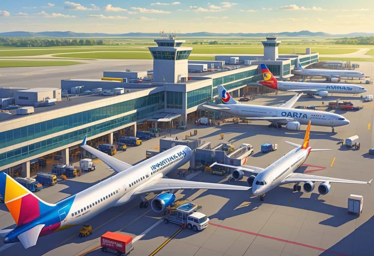 Airport terminal with multiple international airplanes parked at gates, passengers and staff moving around, and airport vehicles on the tarmac during daytime.