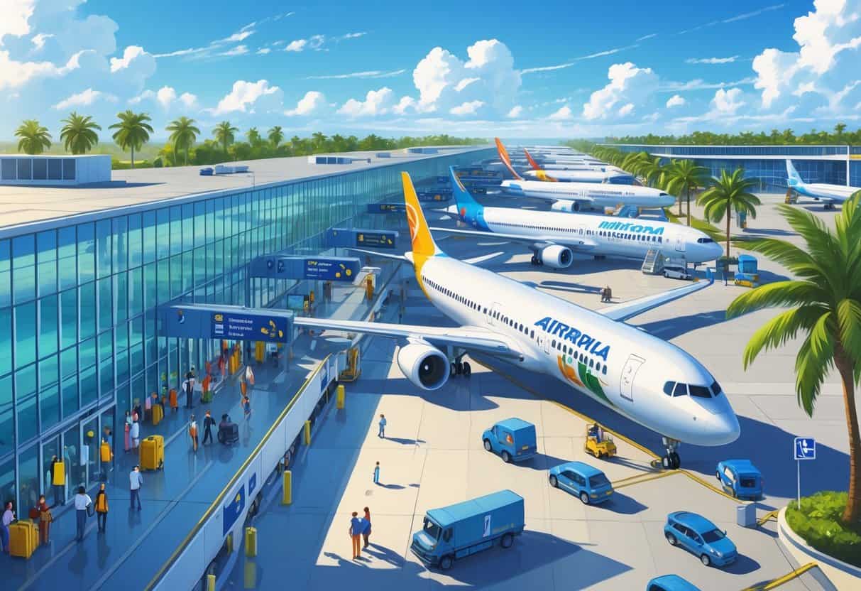 An international airport terminal at Palm Coast, Florida with airplanes parked at gates, passengers walking with luggage, palm trees nearby, and clear blue skies.