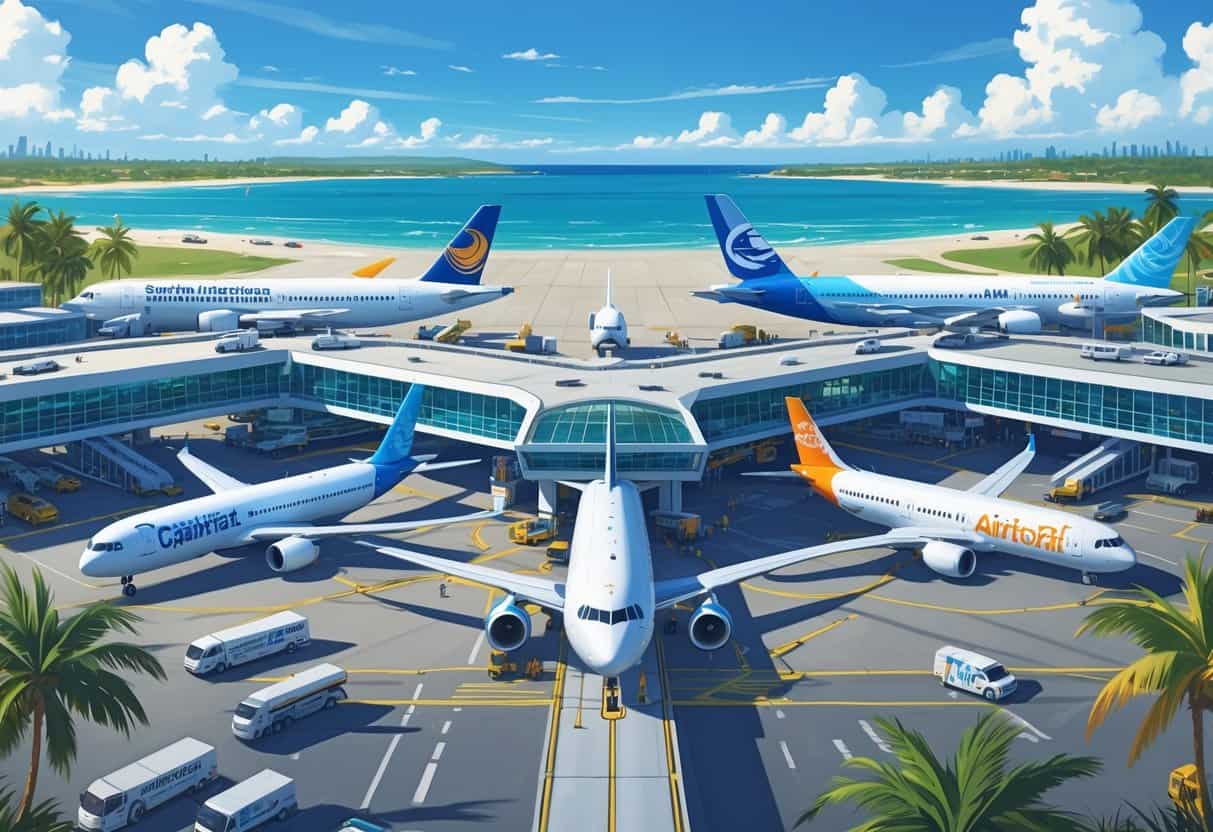 An airport terminal at Palm Coast Florida with multiple international airplanes parked at gates, palm trees nearby, and a coastline in the background.