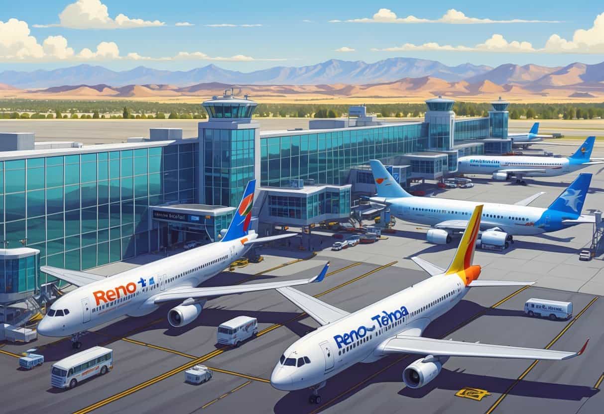 A busy airport terminal at Reno–Tahoe International Airport with several international airplanes parked and ground vehicles around, set against a mountainous Nevada landscape.