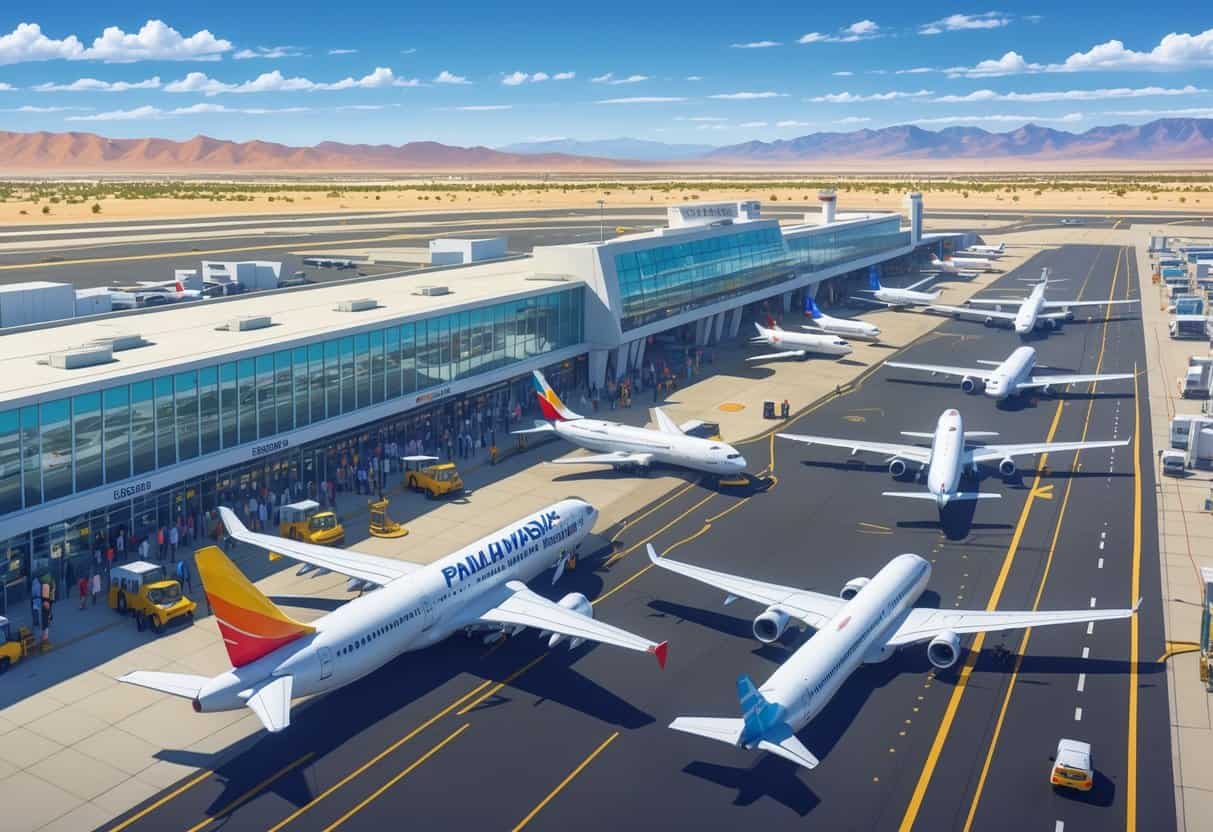 Airplanes from various international airlines parked at Palmdale California Airport with terminal buildings and desert landscape in the background.