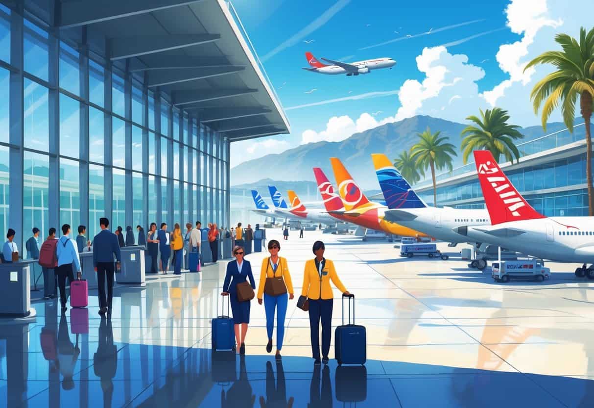 A busy airport terminal in Pasadena, California with international airplanes parked at gates and passengers moving through the terminal.