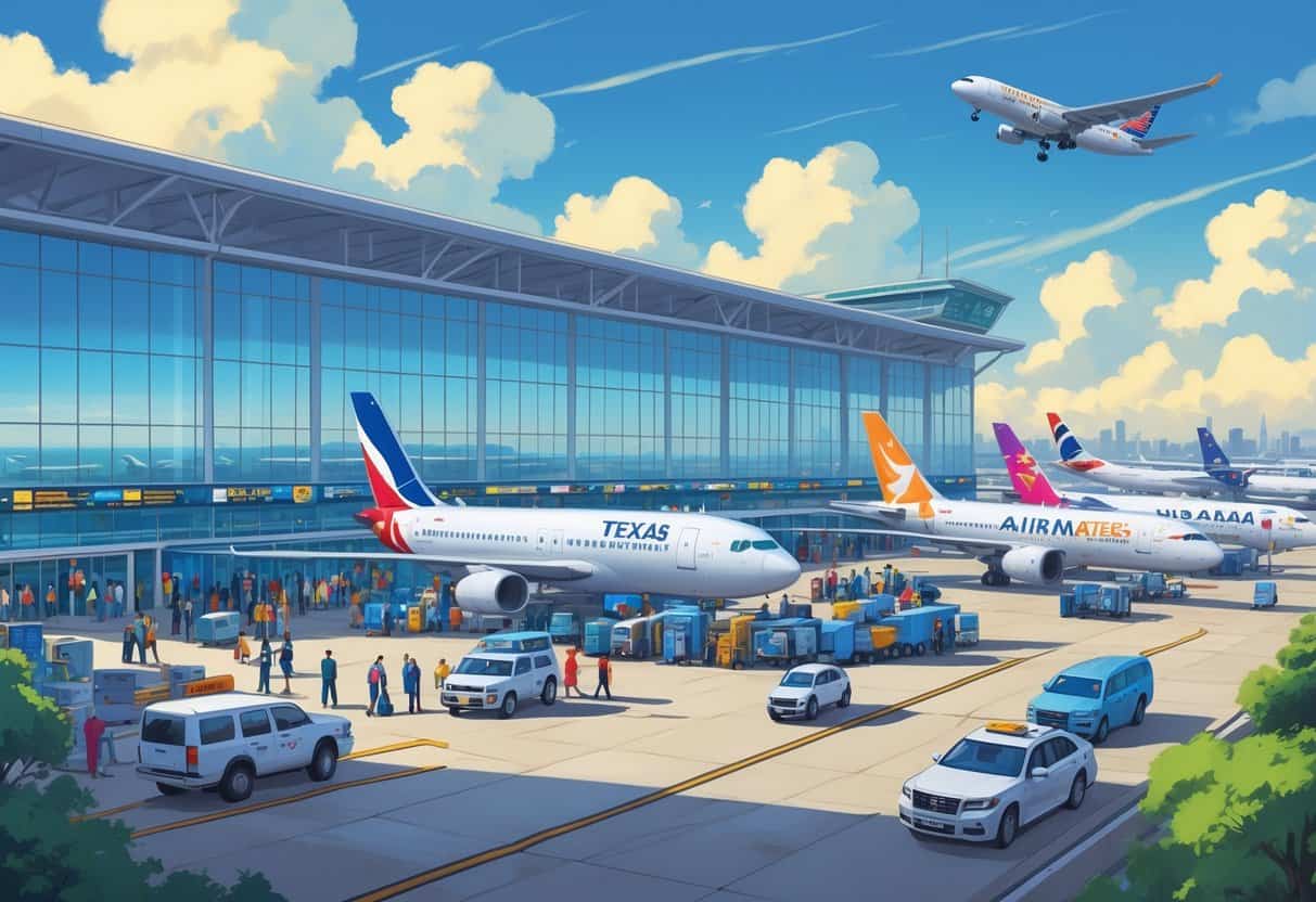 An international airport terminal in Pasadena, Texas, with airplanes from various airlines parked on the runway and travelers moving through the terminal.