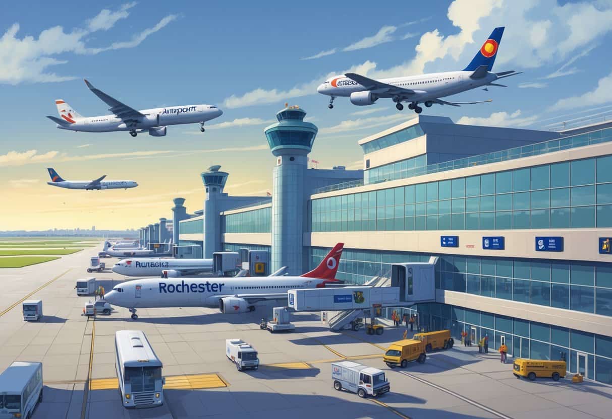 Overview of Rochester Minnesota Airport with multiple international airplanes parked at the terminal and ground service vehicles around.