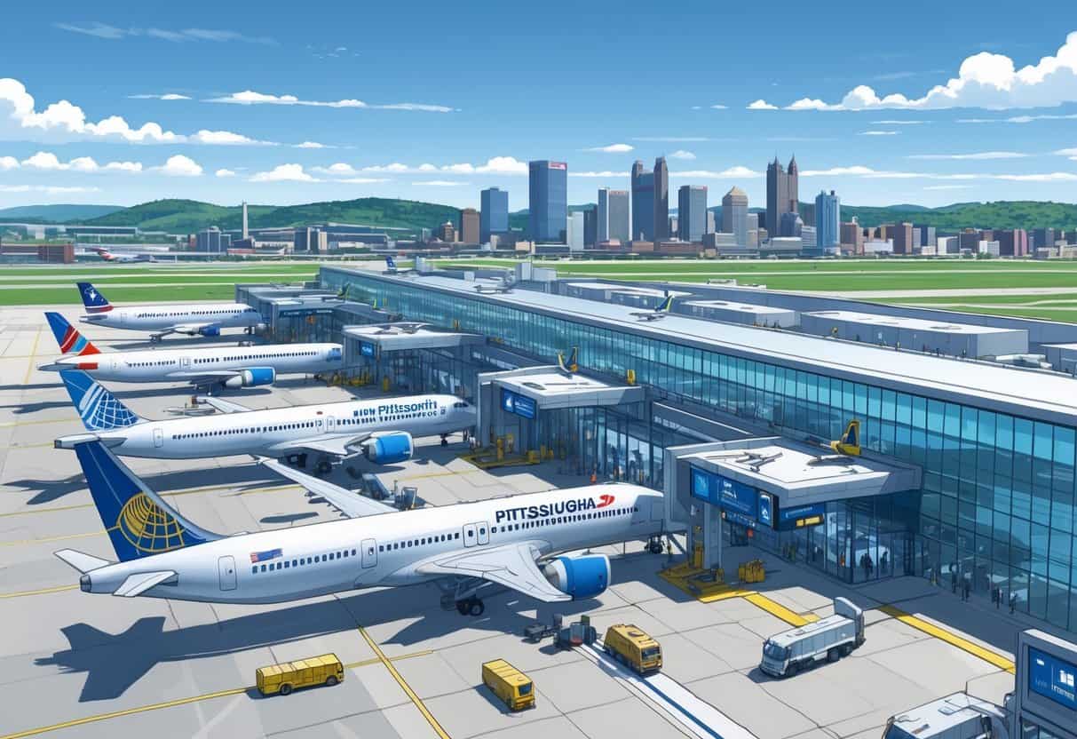 A busy international airport terminal at Pittsburgh with airplanes from various airlines parked at gates, travelers moving through the terminal, and the city skyline in the background.