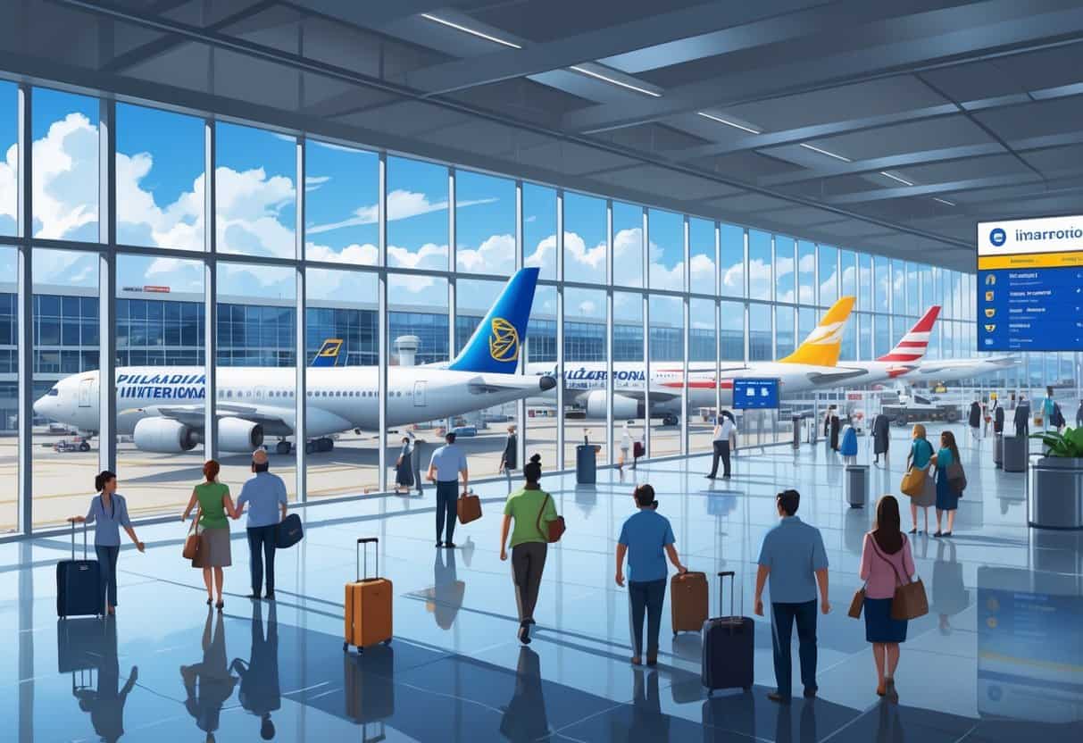 Busy airport terminal at Philadelphia International Airport with airplanes from various international airlines outside and passengers inside.