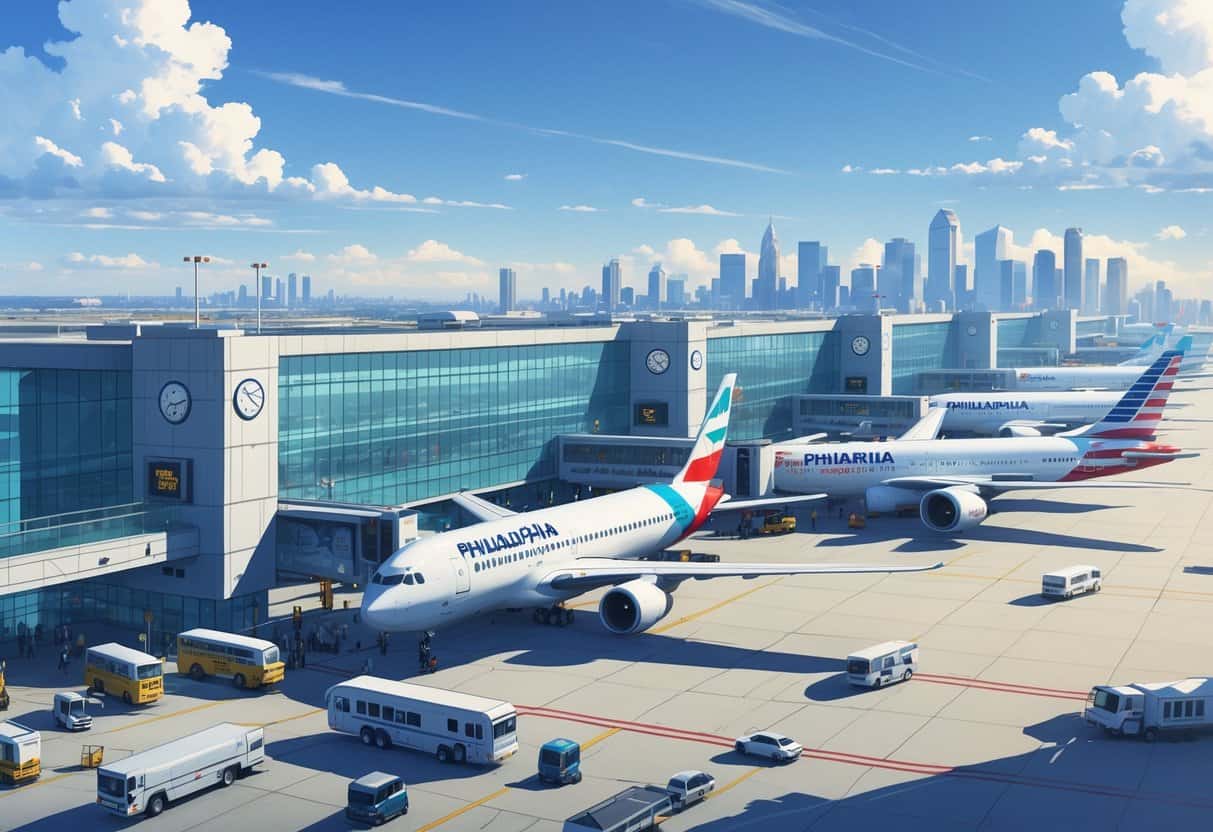 Philadelphia International Airport with several international airplanes parked at the terminal and airport staff and vehicles active on the tarmac, with the city skyline in the background.