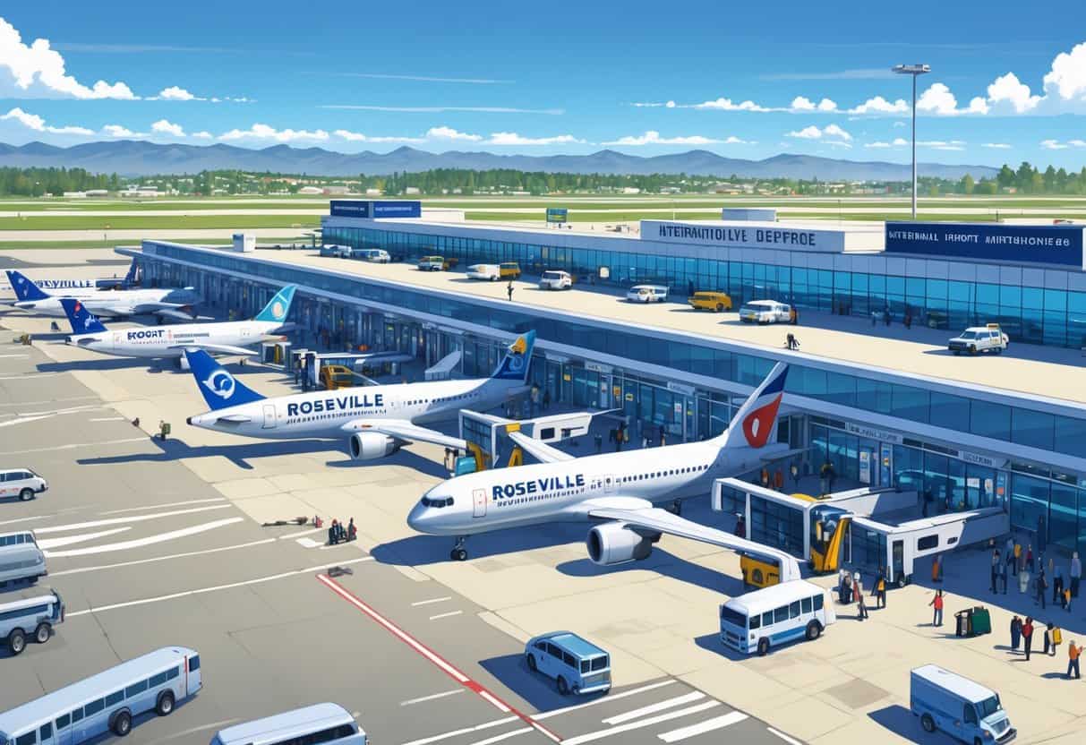 A busy international airport terminal with airplanes from various airlines parked at gates, travelers walking inside, and airport staff assisting, set against clear skies and distant mountains.