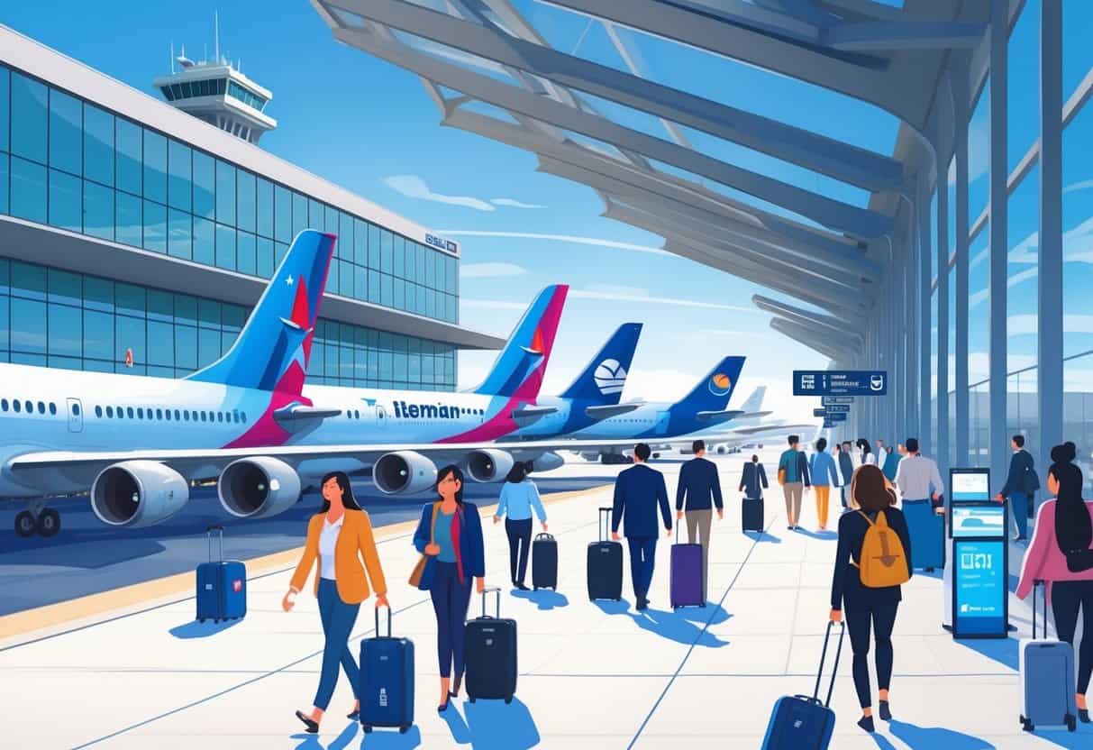 A busy international airport terminal with airplanes parked at gates and travelers walking through the terminal.
