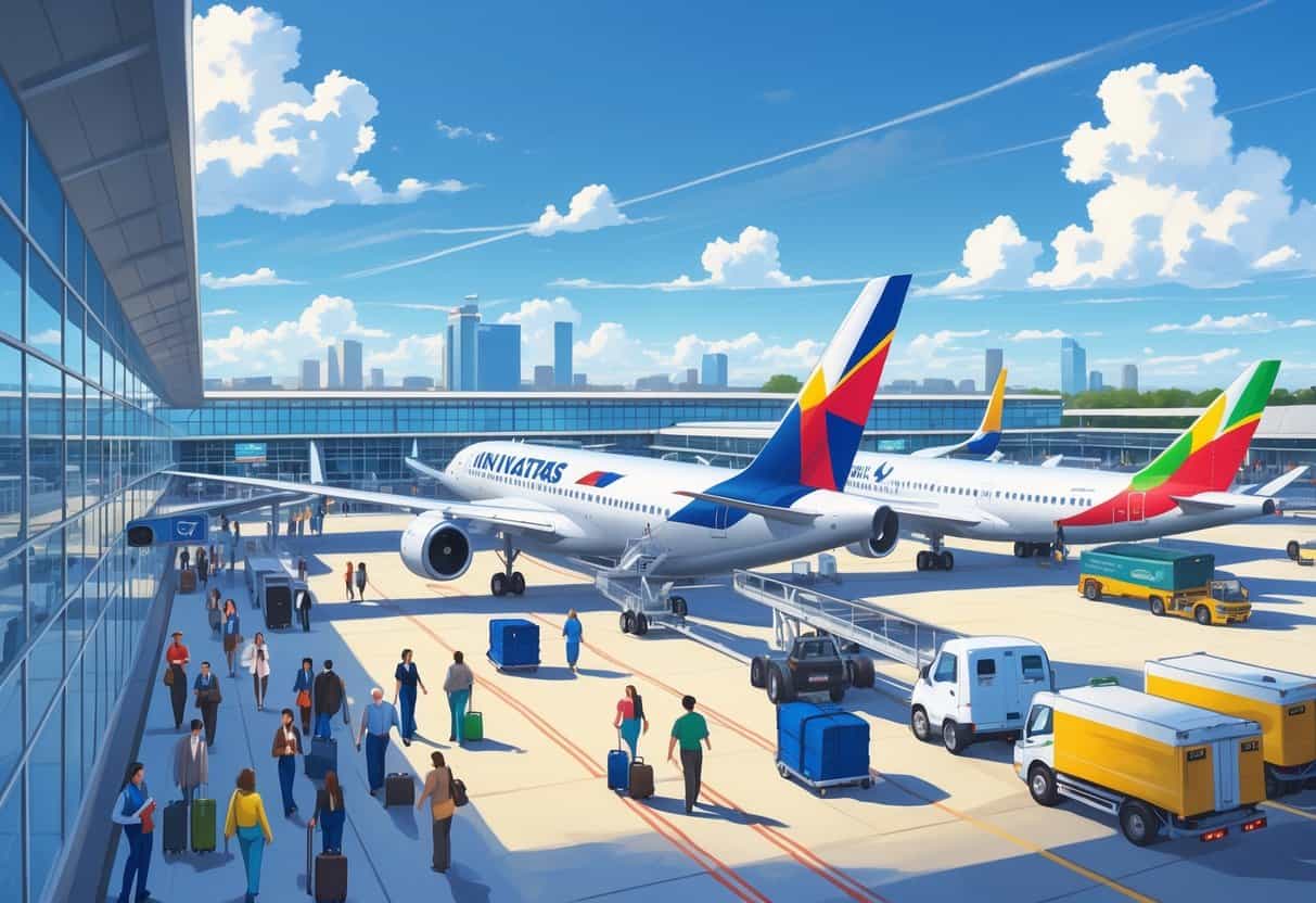 A busy international airport terminal at Plano Texas with airplanes from various global airlines parked at gates, passengers walking with luggage, and airport staff and vehicles around the planes.