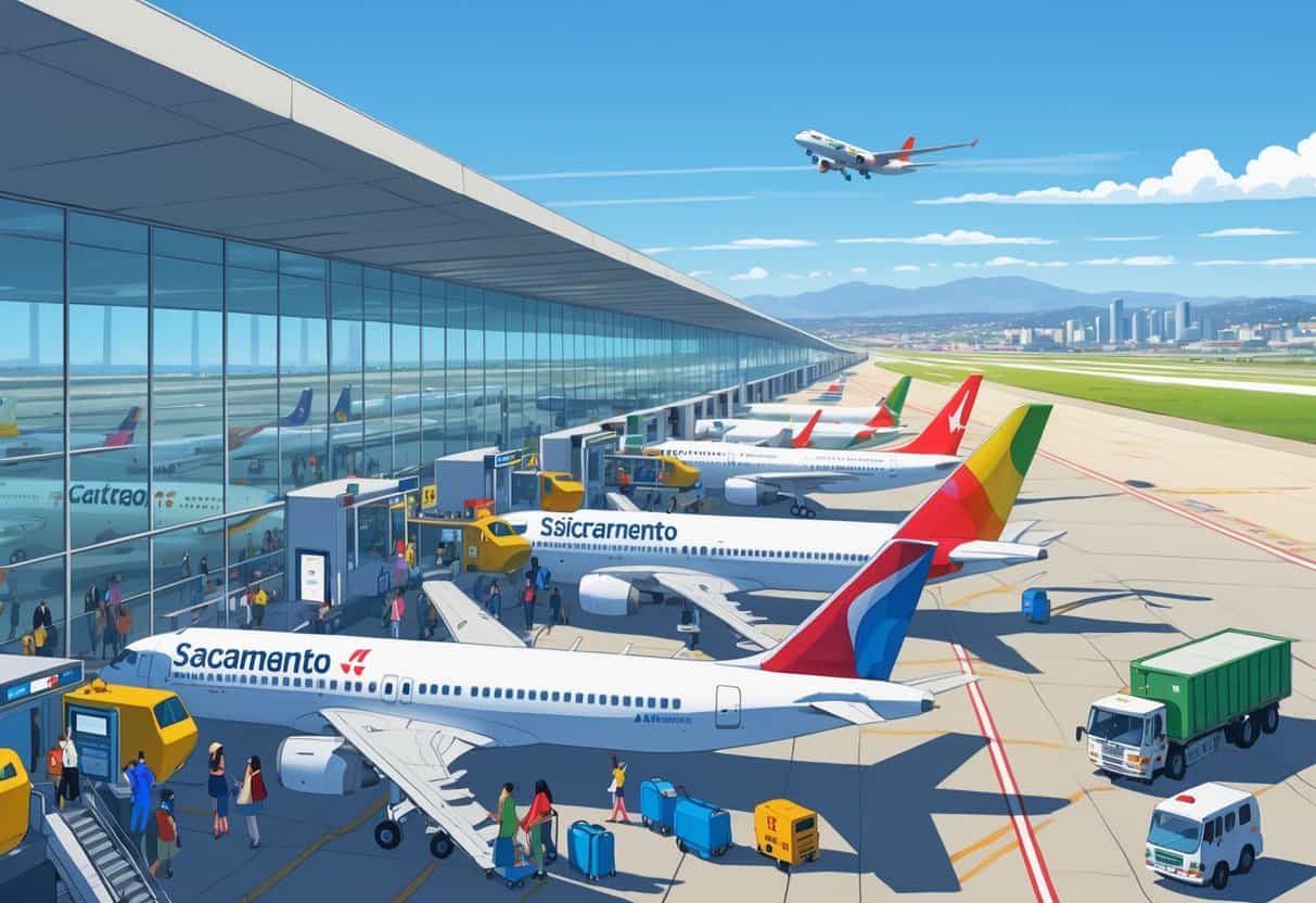 A busy international airport terminal at Sacramento California Airport with airplanes at gates, travelers with luggage, airport vehicles, and the city skyline in the background.