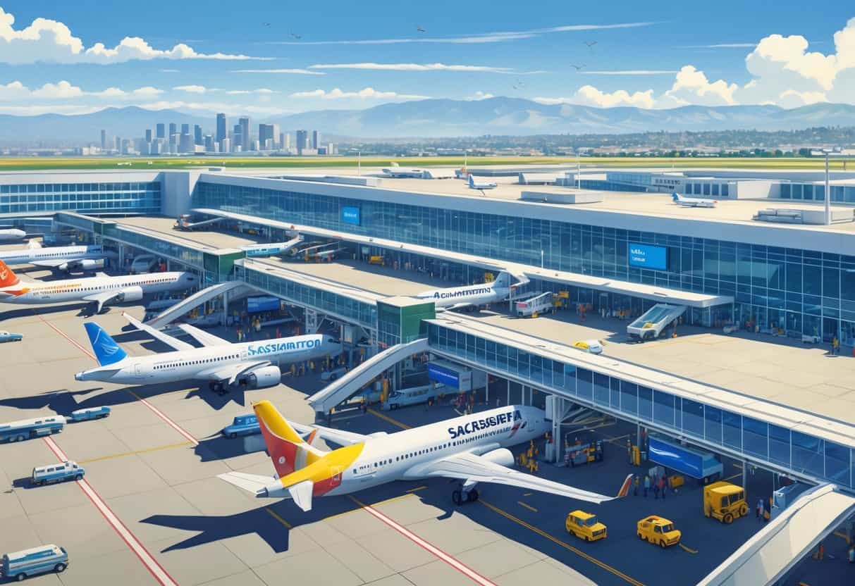A busy international terminal at Sacramento International Airport with airplanes from multiple global airlines parked at gates and passengers moving through the terminal.