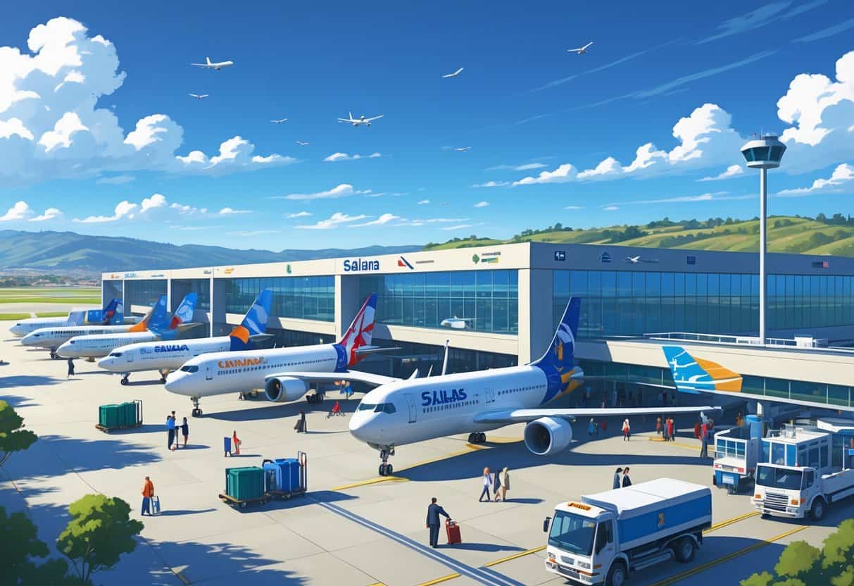 Salinas California Airport with several international airplanes parked at gates, passengers walking with luggage, airport vehicles in operation, and hills in the background under a clear sky.